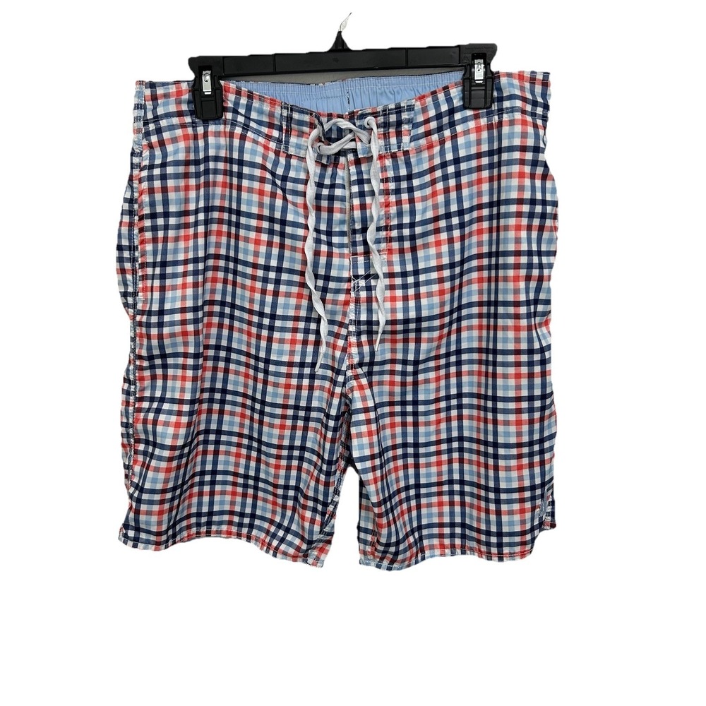 Johnnie-O Mens Board Shorts Swim Trunks Size L Red White Blue Plaid‎ Beach Vacay